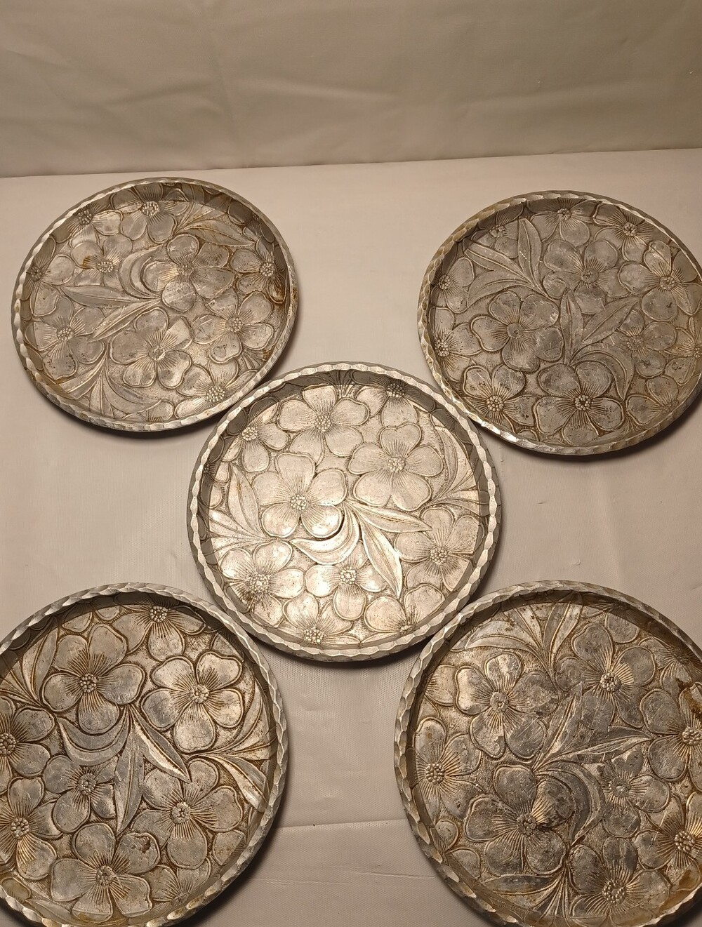 Set of 5 Vintage Everlast Hand Forged Floral Embossed Metal Trays - Trinket Dish